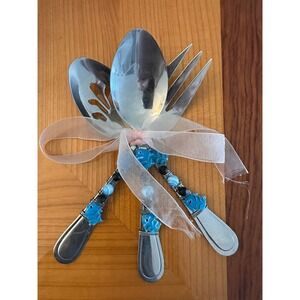 Handmade Beaded Serving Set Stainless Steel 3pc Blue Fish Wire Wrapped Coastal